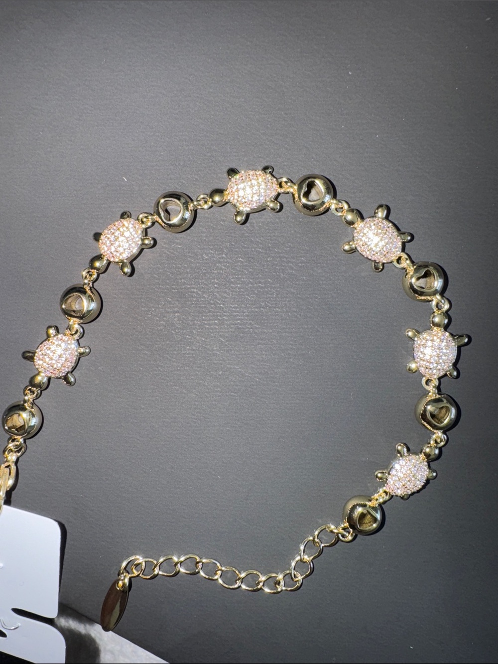Gold Turtle Link Bracelet with Pink Crystal Accents